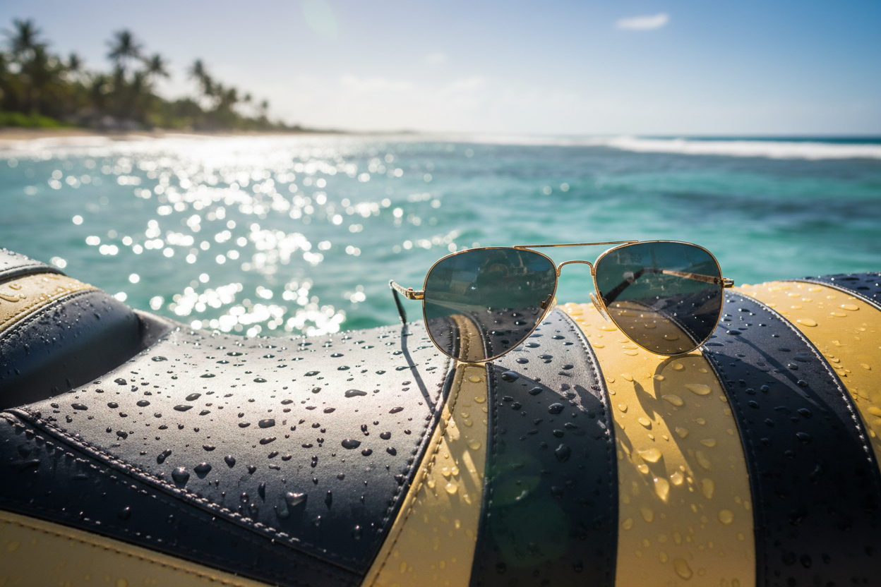 black and gold sunglasses on the back of a jetski in the ocean